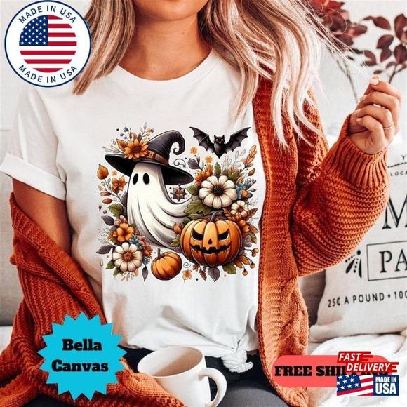 Floral Ghost Shirt Autumn Cute Fall Bella Canvas Gift For Friend Halloween Shirt - Picture 1 of 4